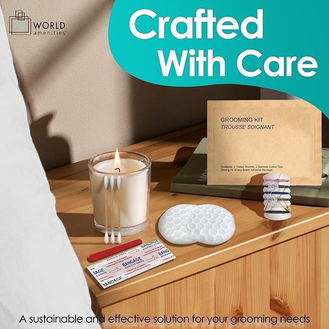 World Amenities Kraft Paper Grooming Kit - Travel Size Toiletries - Cotton Rounds, Bamboo Cotton Tips, Sewing Kit, Emery Board (100 Pack)