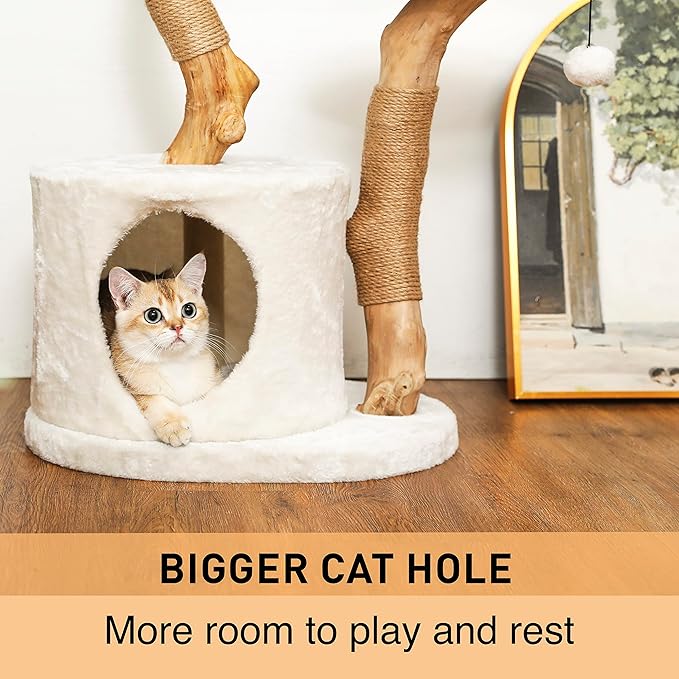 Modern Cat Tree for Indoor Small Cats - Real Wood Cat Tower with Scratch Post, Hiding Enclosure - Unique, Boho,White