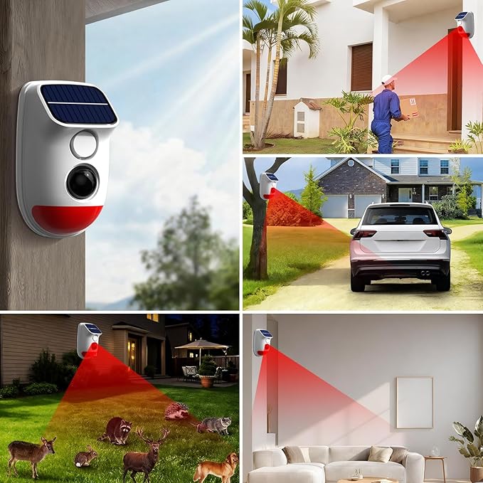 Solar Motion Sensor Alarm - 120dB IP65 Waterproof Security Siren with Strobe Light, 3 Modes for Yard/Farm/Home,16-26ft Pet-Friendly Detection (Buzzer Alarm)