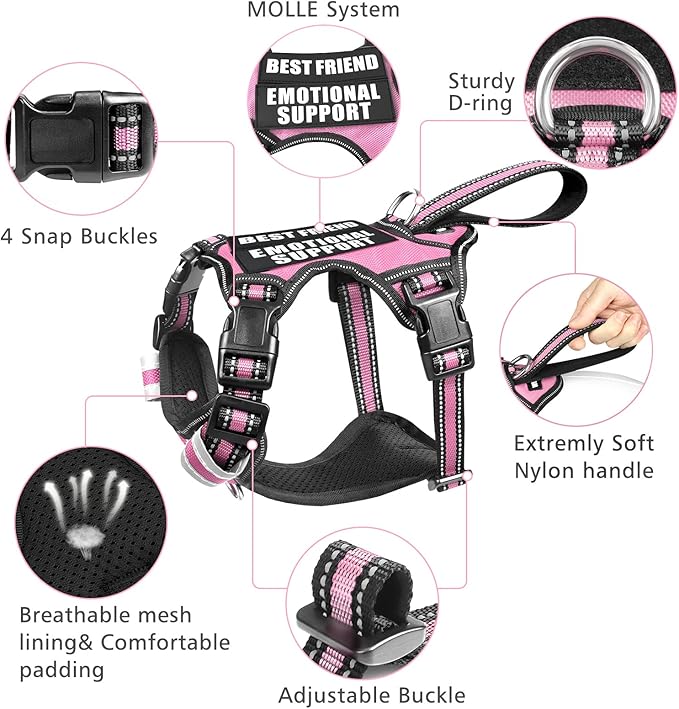 WINSEE Large Pink Service Dog Harness with 7 Patches, No Pull Reflective Dog Vest for Training, Mesh Soft Padded Handle, Adjustable Fit for Dogs 50-80 lbs.