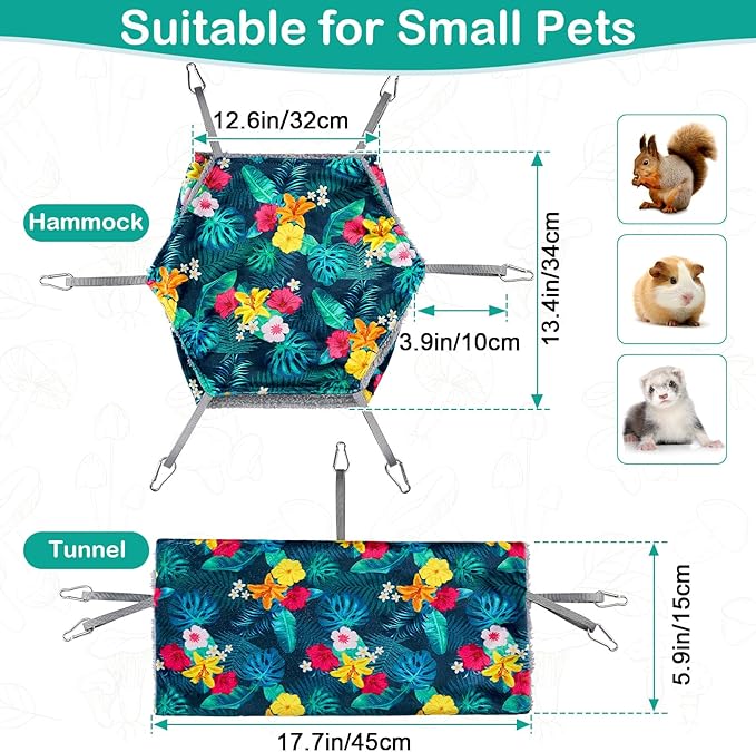Bienbee 2 Pcs Ferret Rat Hammock Set for Cage Washable Guinea Pig Hideout Bed Soft Small Animal Hammock Tunnel Toys Ferret Cage Accessories for Hedgehog Sugar Glider Squirrel Hamster