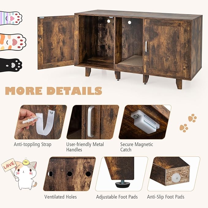 Tangkula Double Cat Litter Box Enclosure for 2 Cats, Large Stackable Hidden Privacy Washroom Cabinet, Indoor House TV Stand With Scratching Board, Litter Box Furniture (Rustic Brown)