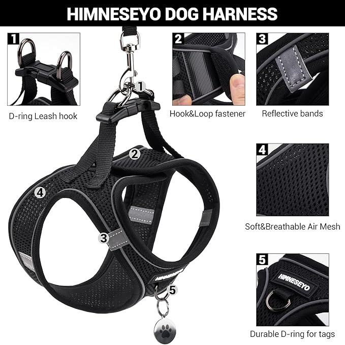 Dog Harness and Leash Set, Dog Harness for Dogs No Pull, No-Chock Step-in Reflective Breathable Lightweight Easy Walk Vest Harnesses with Safety Buckle for Small Medium Dogs, Cats (Black, M)