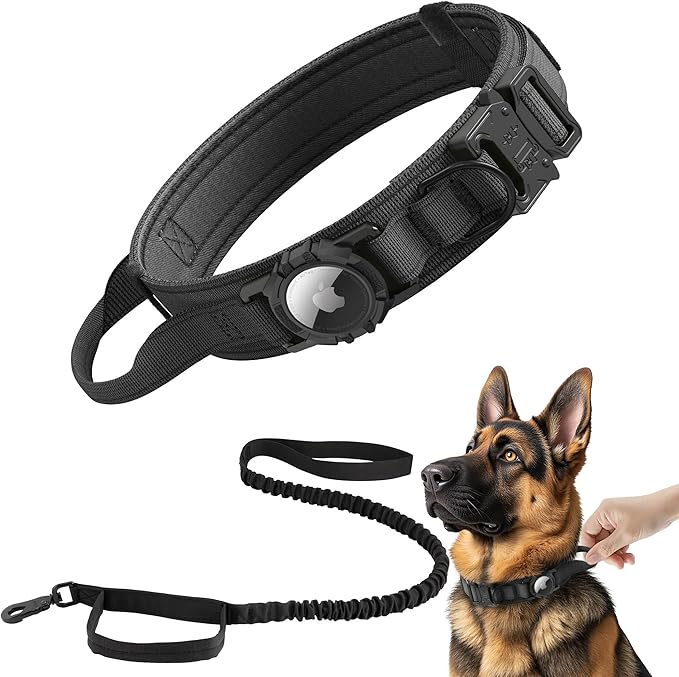 Tactical AirTag Dog Collar Leash Set - Heavy Duty, Adjustable GPS Collar Compatible with Apple AirTag, with Holder & Control Handle for Medium/Large Dogs [ Black, M ]