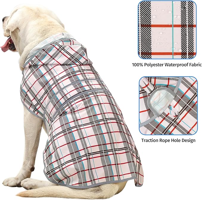 Dog Raincoats for Large Dogs Waterproof Hooded Rain Jacket with Reflective Strips Leash Hole & Poncho Adjustable Fit (Plaid,XXL)