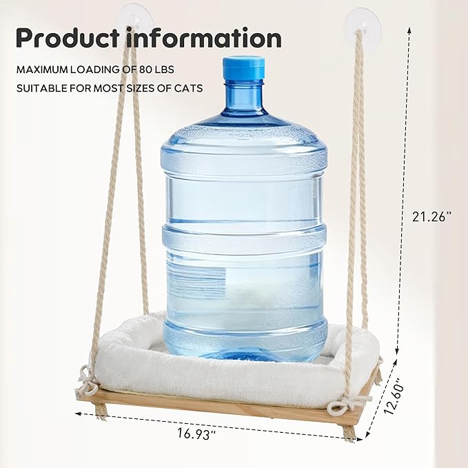 Cat Window Perch, Rustic Cat Hammock Bed with Solid Wood Seat 4 Heavy Duty Suction Cups, Plush Cushion, Indoor Pet Window Hammock for Cats for Large Cats