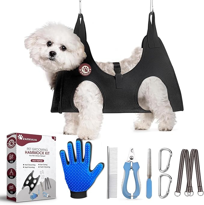 Dog Grooming Hammock for Small Dogs up to 30 lbs | 5-in-1 Pet Grooming Hammock with Glove for Nail Trimming | Small Dog Grooming Hammock Harness for Home Use