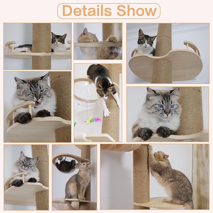 Floor to Ceiling Cat Tree Height (50-117,32 in) Adjustable Cat Tower 5 Tier Hemp Scratching Post High Cat Tree Sturdy Activity Tree Indoor Outdoor Cat Scratching Post Activity Center