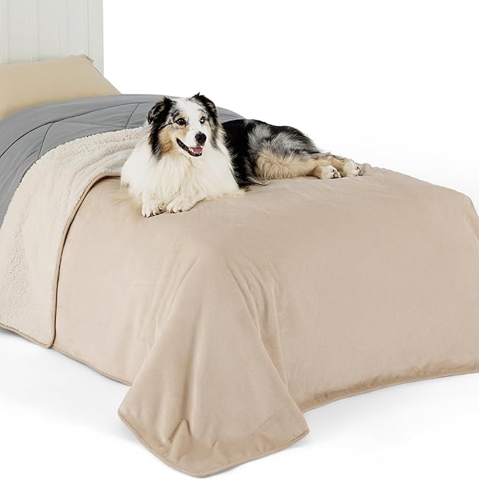 Bedsure Waterproof Blanket for Bed - Sherpa Fleece Waterproof Dog Blankets for Large Dogs, Pet Blankets for Bed/Couch/Dog Crate, Soft Plush Reversible Furniture Protector, Twin-XL, 66"x90", Cream