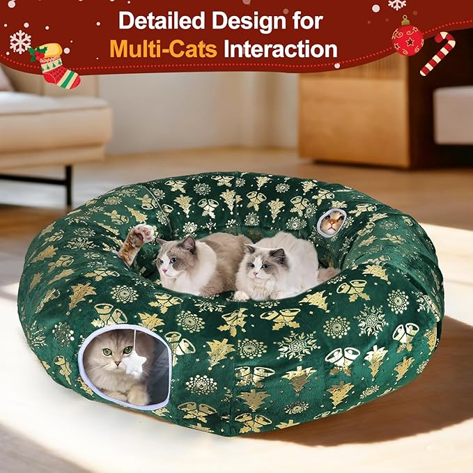 Cat Tunnel Bed for Indoor Cats, XL Christmas Tree Skirts Washable Warm Soft Indoor Cat Donut Tunnel, Multifunctional Cat Interactive Playground Toys for Felines Pet Christmas Tree Decoration