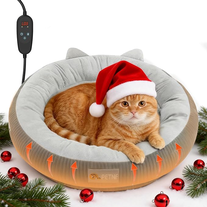 Heated Cat Bed Indoor Pets – Adjustable Temperature 86-131℉ Cat Heating Pad with Timer, Chew Resistant 87 Inch Cord, Washable Cover, Round Cozy Donut Pet Bed for Small Cats Kittens Dogs