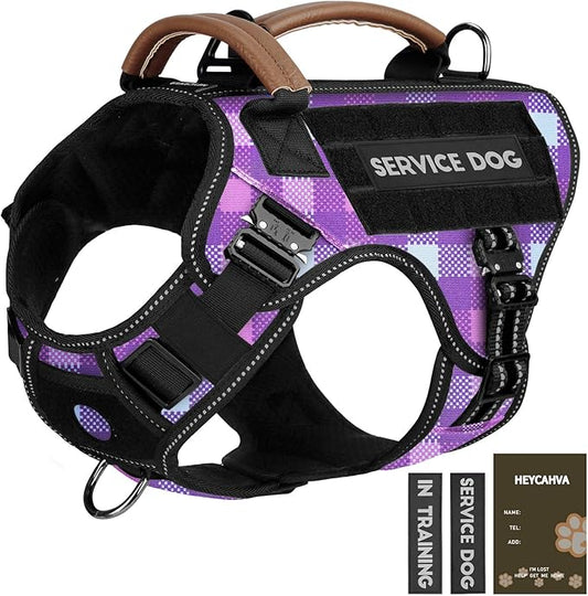 Tactical Dog Harness - HEYCAHVA Service Dog Vest Full Metal Buckles Dog Vest for Medium Large Dog Reflective No Pull Dog Harnesses Vest with Leather Handle, Hook & Loop for Hiking Training (Purple, L)
