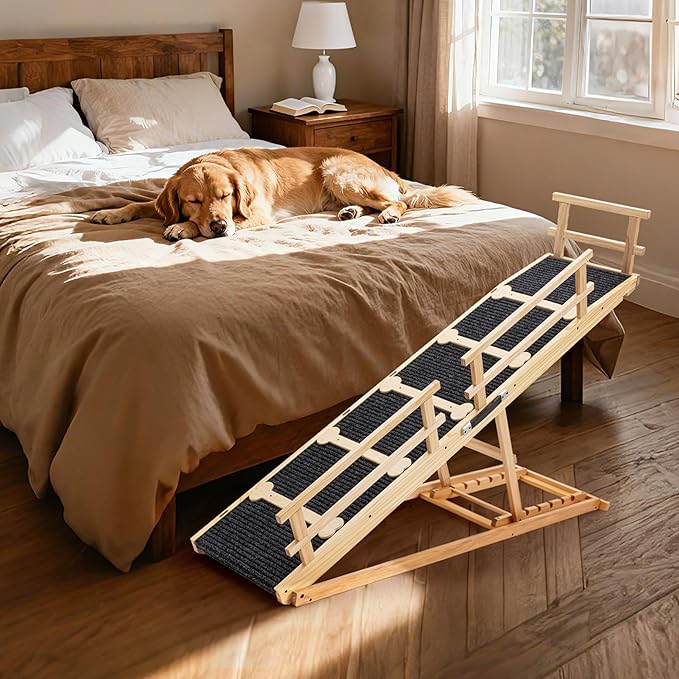AQUILLA 60.9" Natural Wood Dog Ramp for Bed,Couch & Car,5-Level Adjustable Wooden Pet Ramp with Plush Anti-Slip Surface,Removable Rails,Angle Lock,Folding Dog Ramp for Small & Senior Pets, 200 lbs
