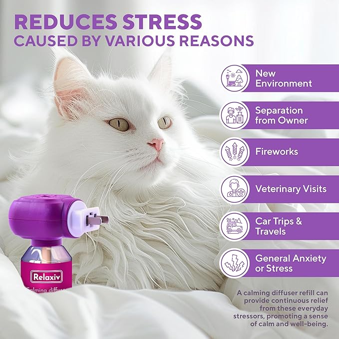Relaxivet Natural Cat Calming Pheromone Diffuser - Improved No-Stress Formula - Anti-Anxiety Treatment #1 for Cats and Dogs with a Long-Lasting Calming Effect