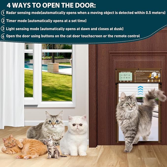 Solar Automatic Cat Door, 5 Smart Modes (Radar, Timer, Light Sensor, Remote, Manual), Aluminum Pet Door for Interior Exterior Doors, Solar Powered or USB Plug-in, Cats (Brown)