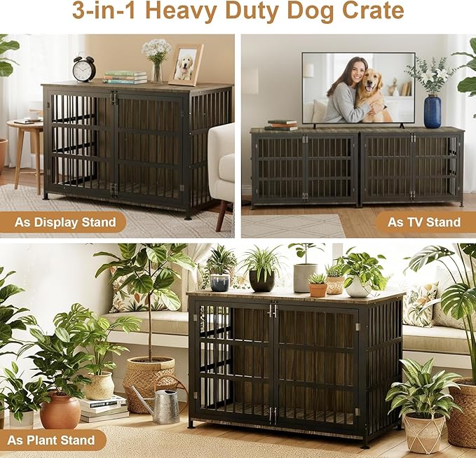 46" Dog Crate Furniture with Wheels, XXL Heavy Duty Dog Kennel Indoor for XL Dogs, Metal Chew-Proof Dog Cage, 45.9" L x 27.6" W x 32.4" H, Decorate House as TV Stand, End Table — Grey