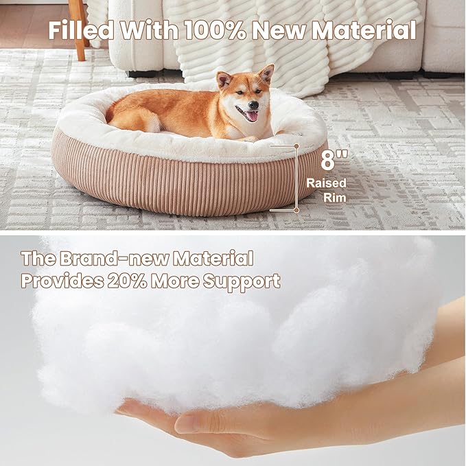 33 inches Donut Dog Bed for Medium Large Dogs,Calming Round Pet Bed with Removable & Washable Cover,Plush Faux Fur & Corduroy, Fits up to 50 lbs Pets(Brown,M Plus)