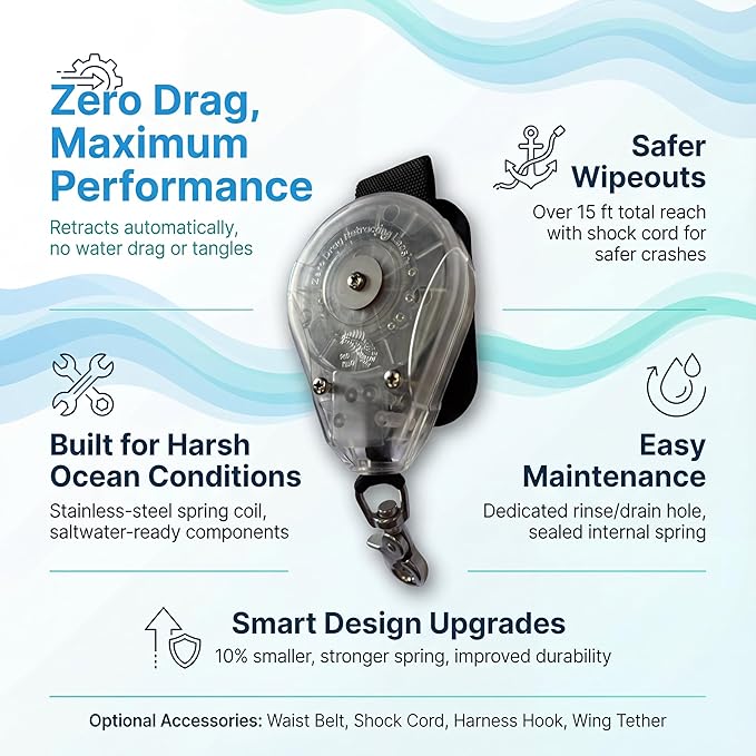 Blue Planet Zero Drag Retracting Reel Leash for Wing, SUP, & Downwind Foiling | Tangle-Free, Easy Maintenance Foil Retractable Reel Leash (Leash only)