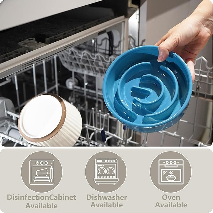 Ceramic Slow Feeder and Water Bowl Set for Small Dogs, 6.0inch Ceramic Dog Bowls Elevated with Wooden Stand, 0.6 Cups Dog Slow Feeder(14oz) and 30oz Water Bowl Set, Blue