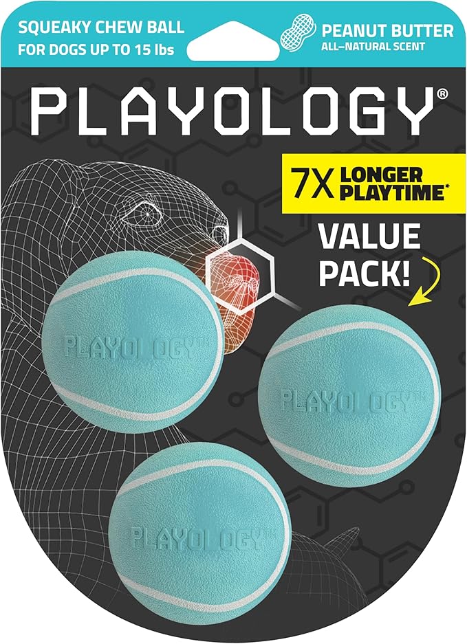 Playology Dog Toys | Squeaky Chew Ball - Bouncy Durable Floating Fetch Ball for Dogs, Value 3-Pack | Small Peanut Butter Scented Toy - Easy to Clean and Made from Non Toxic Materials