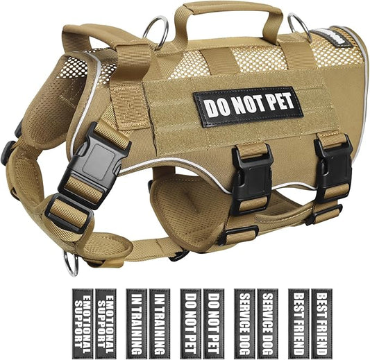WINSEE Mesh Dog Harness with 10 Pet Patches for Large Service Dog in Training, Breathable Tactical Molle Vest with Double Handle, Reflective Military Pet Vest for Walking Hiking
