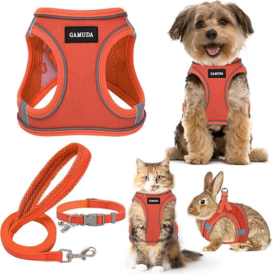 GAMUDA Small Pet Harness Collar and Leash Set, Step in No Chock No Pull Linen Fabric Soft Mesh Dog Vest Harnesses Reflective for Dogs Puppy Cats Kitten Rabbit (Orange, M)