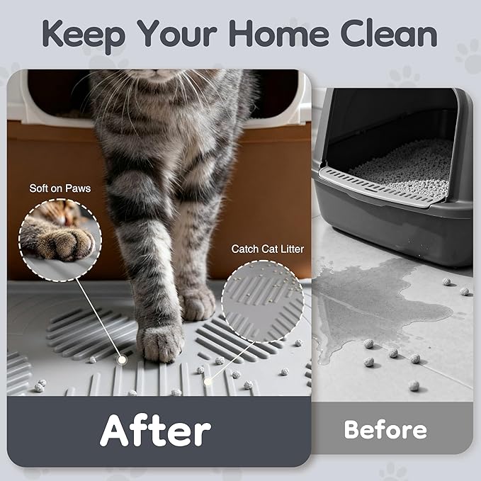 ISSEVE Cat Litter Mat 40" x 28" XL, Extra Large Silicone Mat for Litter Box, 1.38" Raised Edge Urine Waterproof Litter Trapping Mat Pad for Scatter Control, Soft on Kitty Paws, Protect Floor (Grey)