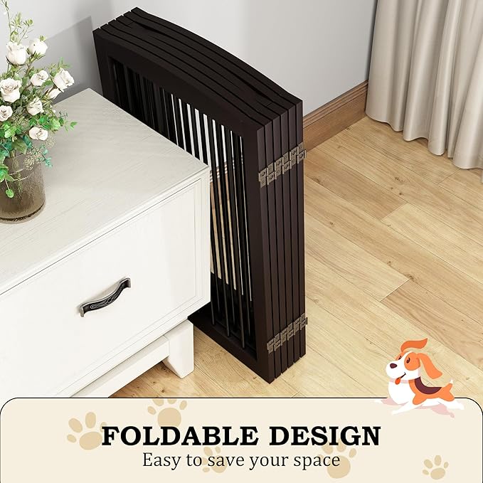 Freestanding Pet Gate with Door, Tall Dog Gate for House, Extra Wide, Pet Puppy Safety Fence, Support Feet Included, 120 Inch Wide, 6 Panels 32" Tall, Brown