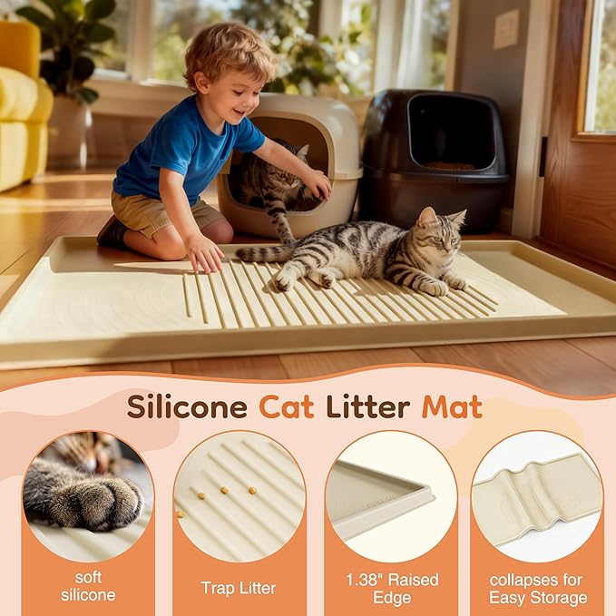 ISSEVE Cat Litter Mat 54" x 27.5" XXL, Extra Large Silicone Mat for Litter Box, 1.38" Raised Edge Waterproof Litter Trapping Mat Pad for Scatter Control, Soft on Kitty Paws, Protect Floor (Beige)