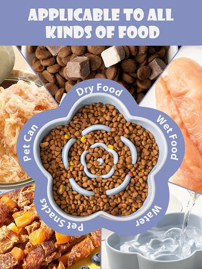 Ceramic Slow Feeder Dog Bowl, Anti-Choking Slow Food Bowls, 8" 11.3oz Slow Feeder for Medium, Large Breeds, Plum Puzzle Design, Non-Slip Silicone, Dishwasher and Microwave Safe, Blue