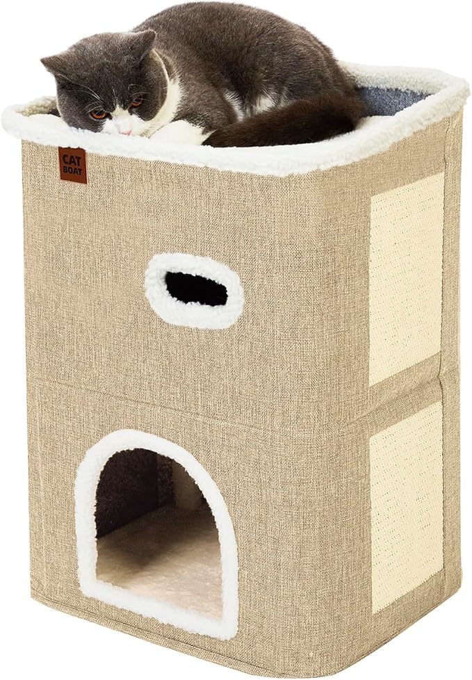 CATBOAT 2-Storey Cat House for Indoor Cats Bed, Covered Beds & Furniture with Scratch Pad and Hideaway Cave, Cute Modern Condo for Multi Small Pet Large Kitten Kitty, Brown
