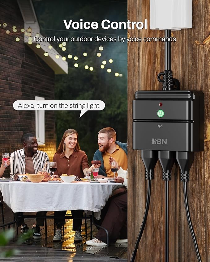 HBN Outdoor Smart Plug,Wi-Fi & Bluetooth Heavy Duty Outlet with 3 Independent Outlets,Compatible with Alexa and Google Assistant,IP44 Waterproof,Voice & APP Control Outlet,No Hub Required,ETL Listed