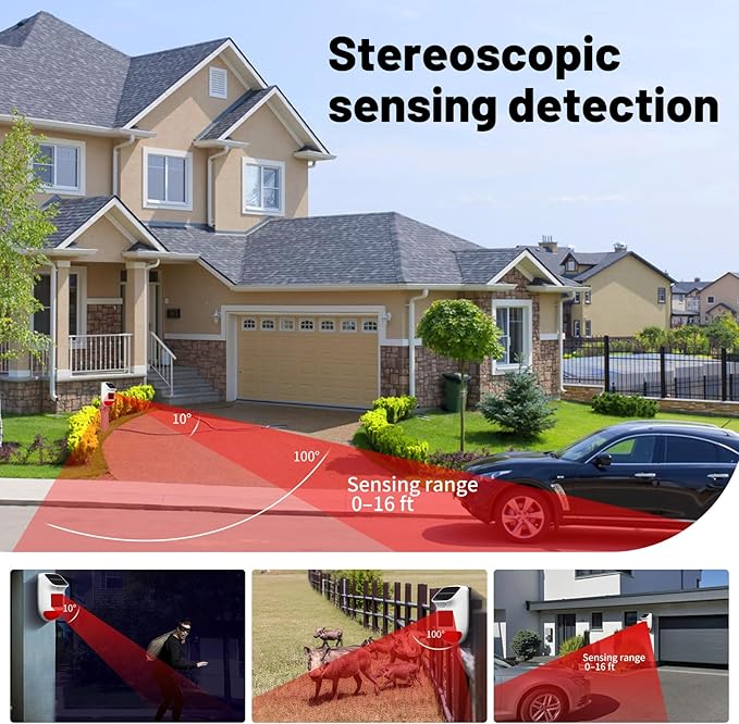 Solar Motion Sensor Alarm - 120dB IP65 Waterproof Security Siren with Remote & Strobe Light, 3 Modes for Yard/Farm/Home, 5-8m Pet-Friendly Detection (Animal Sound (Or You can add Your own Voice))