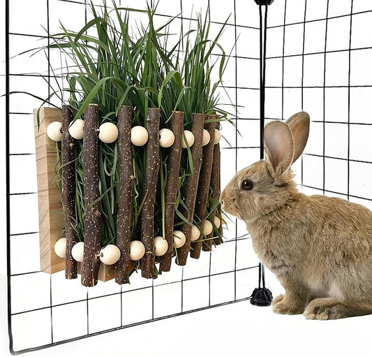 Hanging Rabbit Hay Feeder,Wood Guinea Pig Hay Holder,Less Wasted Bunny Grass Holder,Small Animals Feeding Grass Manage Rack Dispenser for Chinchilla,Ferret,Hamsters Cage Accessories