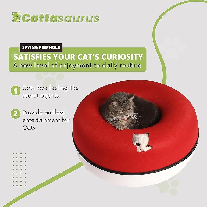 Cattasaurus Peekaboo Cat Cave Donut for Multiple & Large Cats up to 30-45 lbs, 3-in-1 Self Warming Cat Bed, Tunnel & Scratcher for Indoor Cats, Washable & Detachable Dog Bed (Ruby Snowball, Large)