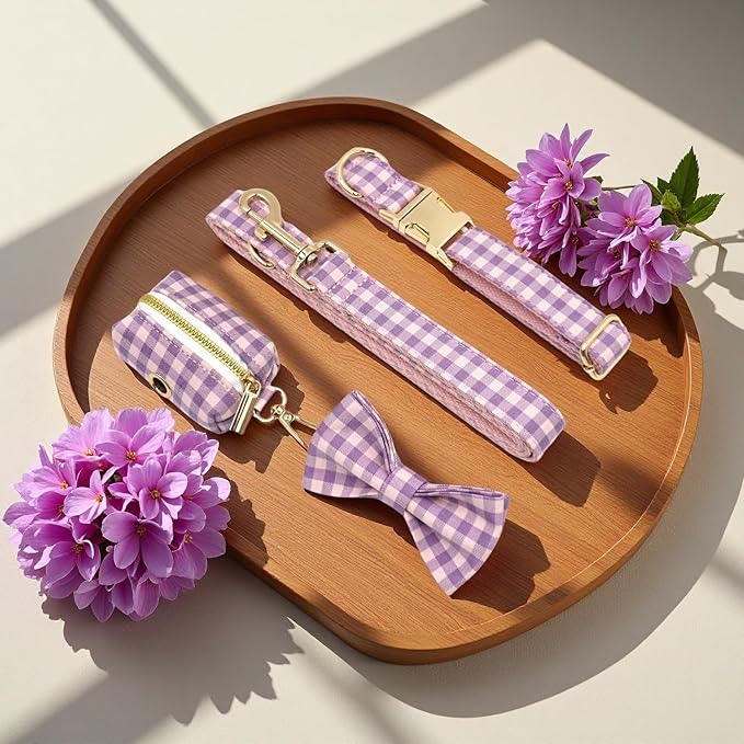PETDURO Personalized Dog Collar Pink Purple Gingham Plaid for Large Medium Dogs | Engraved Name and Phone Number on Gold Metal Buckle for Girls | Add Leash & Bow Tie via Customize Now