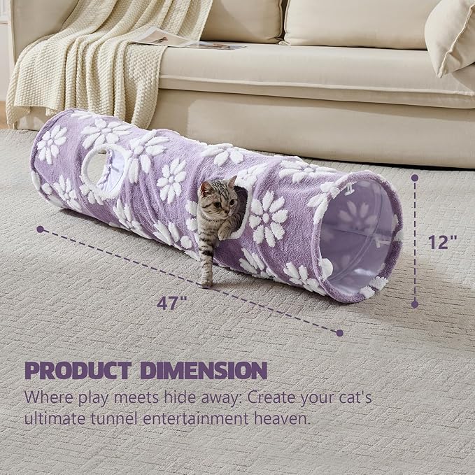 Straight Cat Tunnel for Indoor Cats 47"x12", Cute Cat Toys Collapsible Tunnel Tube with Balls for Puppy Kitten Rabbit, Purple Flower
