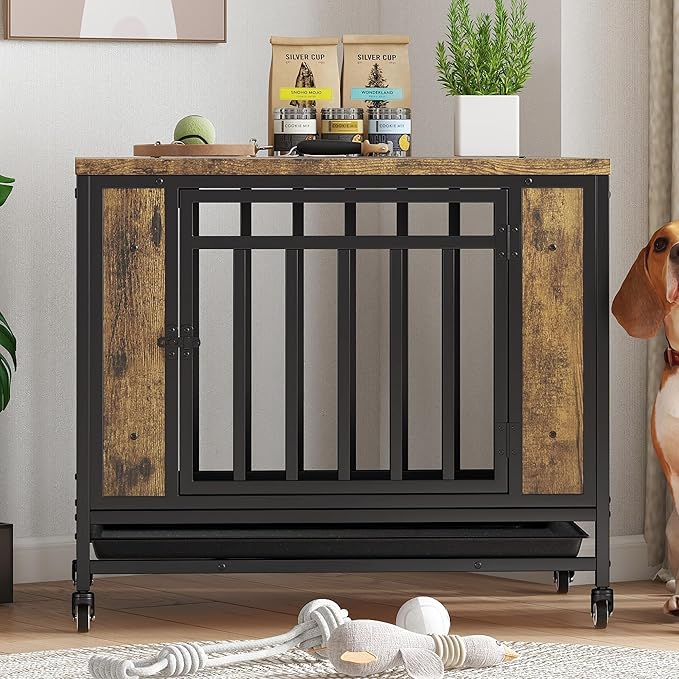 32 Inch Heavy Duty Dog Crate Furniture, Indestructible Wooden Dog Cage Kennel with Lockable Wheels and Removable Tray, Indoor Escape Proof Dogs House for Small Medium Dogs for Living Room Bedroom