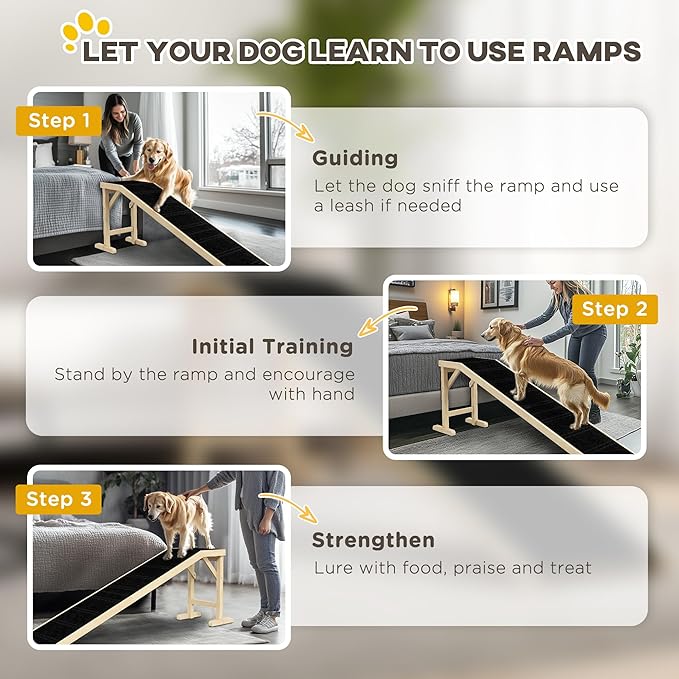 PawHut Dog Ramp for Bed, Pet Ramp for Dogs with Non-Slip Carpet and Top Platform, 74" x 16" x 25", Natural