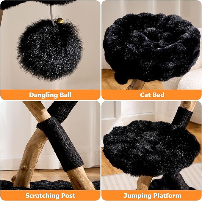 Cat Tree Modern Sturdy Solid Wood Cat Tower for Large Cat with Scratching Post for Indoor, Multifunctional Cat Tower with Cozy Bed and Platforms