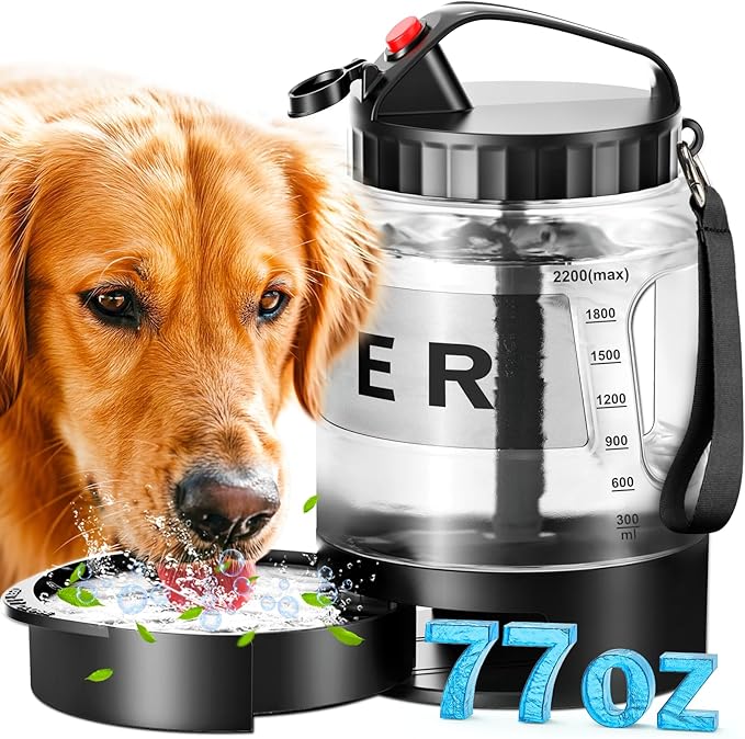 77oz Large Dog Water Bottle Travel - Portable Dog Travel Water Dispenser with Bowl, Ideal for Travelling, Hiking, Camping, Parks, Outdoor, Black