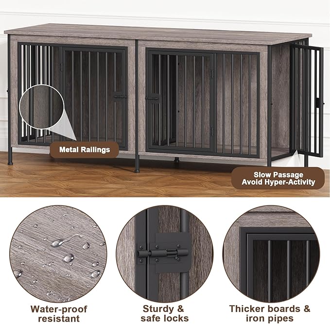 EasyCom Dog Crate Furniture for 1 or 2 Dogs, Heavy Duty Single/Double Dog Crates for Small/Medium/Large Dogs, Dog Kennel Furniture Indoor as TV Stand, Medium Size 63" L(20-35 Pounds), Oak Grey