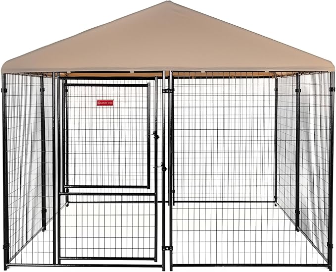 Lucky Dog Presidential Black Powder Coat Steel Frame Large Outdoor Dog Kennel with Waterproof Canopy Roof and Gate Door, Khaki