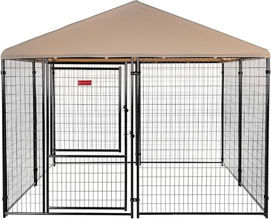Lucky Dog Presidential Black Powder Coat Steel Frame Large Outdoor Dog Kennel with Waterproof Canopy Roof and Gate Door, Khaki