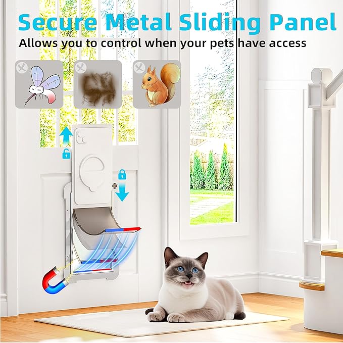 3-Flaps Steel Cat Door for Exterior Doors with Sliding Lock Panel, Extreme Weather Pet Door for Cats, Small Kitty Doggie Door, Insulated Dog Doors for Door, Telescoping Tunnel (Pets Up to 12 Lb)