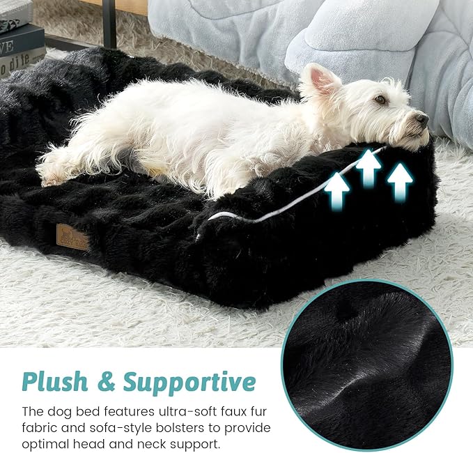 Faux Rabbit Fur Orthopedic Dog Bed, Dog Bed for Large Size, Supportive Foam Pet Sofa with Waterproof Lining Cover, Washable U-Shaped Pet Couch with Anti-Slip Bottom, Black L 36x27x6.5 inch