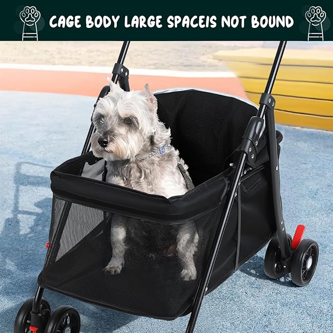 Pet Strollers,4 Wheels Outdoor Travel Pet Folding Stroller, Outdoor Travel Folding Stroller, Dog Cat Cage Carrier with Cup Holder, Breathable and Visible Mesh for Medium Small Dog