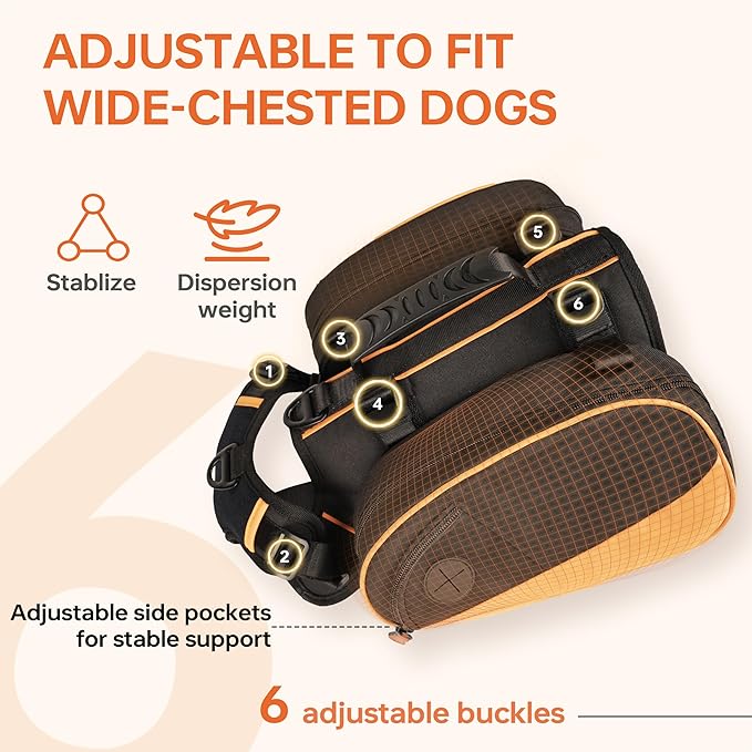Dog Backpack for Medium & Large Dogs, Detachable Side Bags, Quick-Poop Bag Dispenser | No-Pull Adjustable Harness for Large-Chested Breeds | Non-Slip Handle for Hiking, Walking, Outdoor Adventures（L）