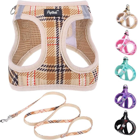 PUPTECK Dog Harness and Leash Set for Small Medium Dogs No Pull Step-in Soft Mesh Puppy Cat Vest Harnesses Reflective at Night, Plaid Pattern Beige S