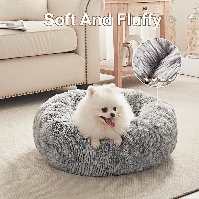 23 inches Donut Dog Bed for Small Dogs - Calming Washable Round Puppy Bed with Removable Cover, Fluffy Plush Pet Bed for Cats & Dogs, Fits up to 25 lbs Pets (Dark Grey,Small)